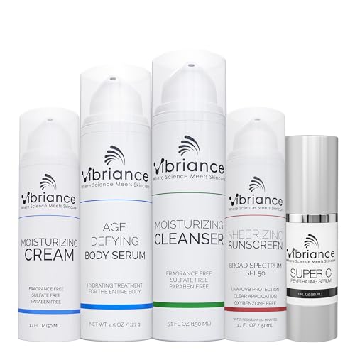 Vibriance Premium Skincare Bundle | Super C All-in-One Serum, Moisturizing Cleanser, Moisturizing Cream, Sheer Zinc Sunscreen, Age Defying Serum | Heal, Hydrate, Protect & Rejuvenate