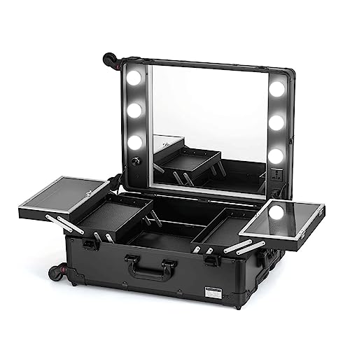 伟 祥 Extra Large Travel Makeup Bag, Cosmetic Case Vanity Organiser Beauty Train Case with Dimmable Led Luggage, Professional Makeup Box-A