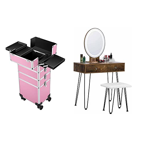 VIVOHOME 4 in 1 Makeup Rolling Train Case Aluminum Trolley Professional Cosmetic Organizer Box, Industrial Vanity Set with 3-Color Lighted Mirror and Acrylic Makeup Organizer