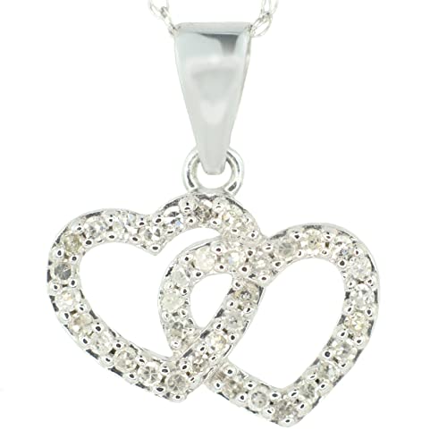 Belantina 10K White Gold 1/8 Cttw Diamond Double Interlocking Hearts Pendant Necklace - 18
