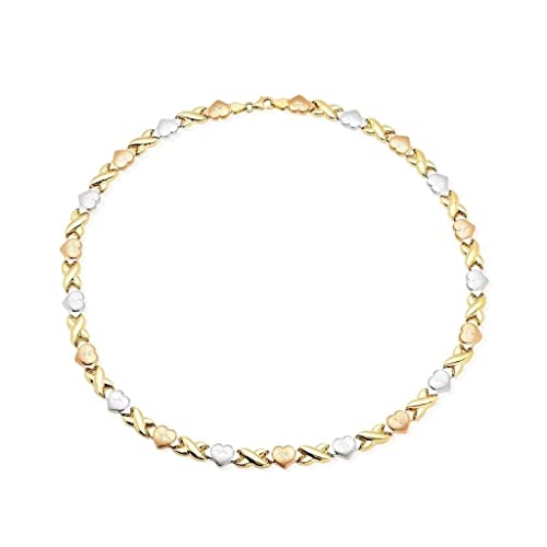 14K Gold Tri-Tone Hearts, Hugs & Kisses XO Necklace 17.5