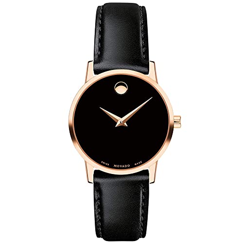 MOVADO Swiss Museum Classic Black Dial Women's Rose Gold PVD Slim Leather Watch