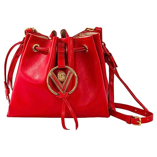 Valentino Orlandi Women's Medium Handbag Italian Designer Purse Bucket Coral Red Genuine Leather Bag in Drawstring Design with Oversized V Logo