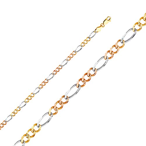 TGDJ 10k Tri Color Gold Figaro Chain Necklace, 5.0 mm | Solid Gold Jewelry for Men and Women