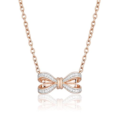 Jewelili Enchanted Disney Fine Jewelry 10K Rose Gold 1/10 CTTW Diamond Snow White Bow Necklace