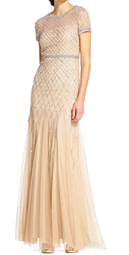 Adrianna Papell Women's Short-Sleeve Grid Beaded Gown