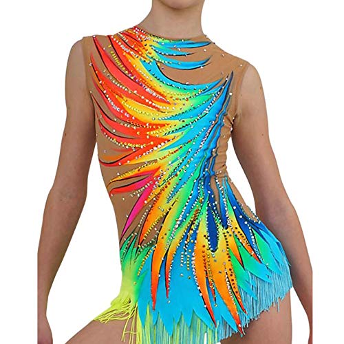LIUHUO Women's Dance Rhythmic Gymnastics Leotards Girls Colorful Diamond Tassels Competition Performance