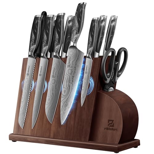Piklohas Kitchen Knife Sets For Kitchen With Block, 14 Pieces With Magnetic Knife Holder, German High Carbon Stainless Steel Damascus Pattern Chef Knife Set With Sharpener, Steak Knives, Black