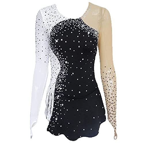 Ice Skating Competition Dress Adult Black White Patterns for Sewing Long Sleeves Figure Skating Dress Kids Girls