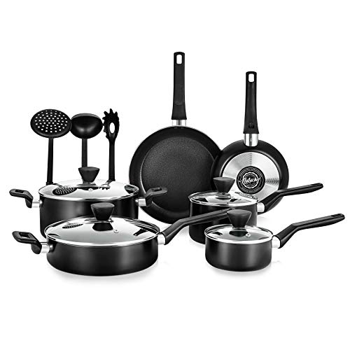 NutriChefKitchen 13-Piece Nonstick Kitchen Cookware Set -PTFE/PFOA/PFOS Free Heat Resistant Kitchen Ware Pots Pan Set w/ Saucepan,Frying Pans,Cooking Pots,Casserole,Lids,Ladle,Fork,Strainer-NCCWA13.5