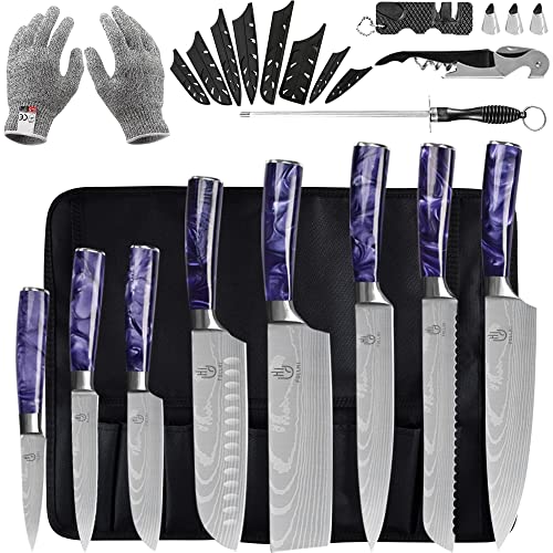 FULLHI Knife Set, 14pcs Japanese Knife Set, purple Colour Premium German Stainless Steel Kitchen Knife Set