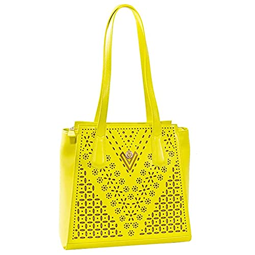 Valentino Orlandi Designer Purse Tote Yellow Embroidered Leather Statement Bag