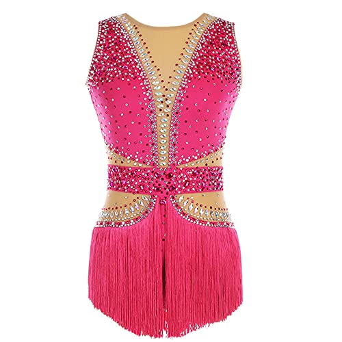 LIUHUO Ice Figure Skating Dress Girls Kids Fuchsia Tassels Competition Ballroom Stage Dancewear