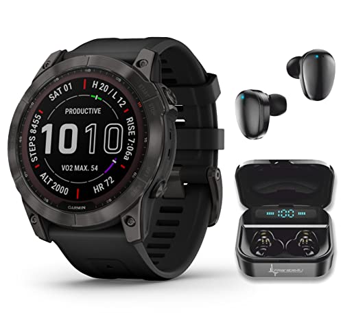 Garmin Fenix 7X Sapphire Solar 51 mm Multisport GPS Touchscreen Smartwatch, Carbon Gray DLC Titanium with Black Band, 35 mm Display with Wearable4U Black Earbuds Bundle
