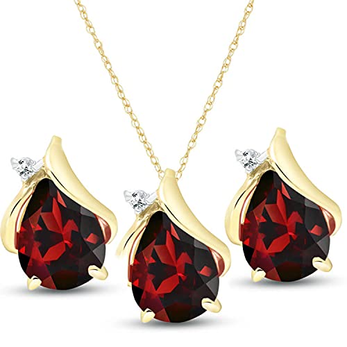 Galaxy Gold GG 14k Yellow Gold Teardrop Garnet with Diamond Accent Necklace and Earring Set