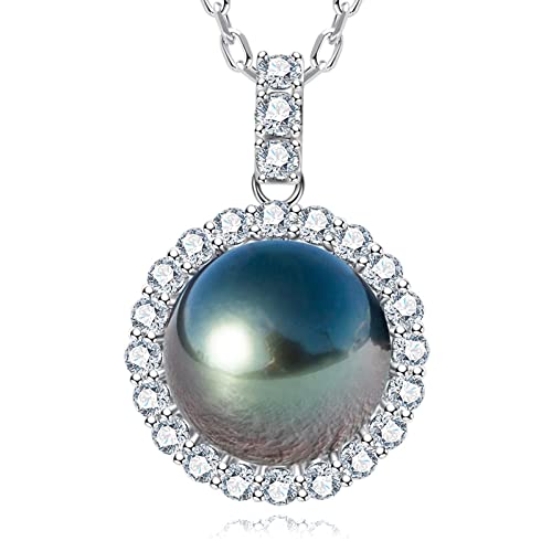 12-13mm Tahitian Black Pearl with Moissanite Necklace for Women, AAAA Quality Handselected Nature Black Pearls, 10K Solid White Gold/Sterling Silver Pendant, 45+2+3mm Adjustable Sterling Silver Chain