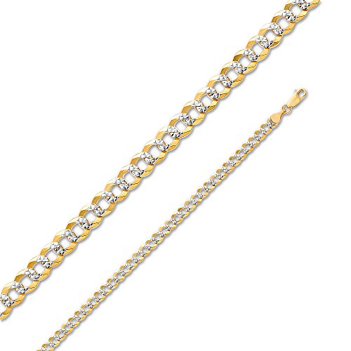 14k Two Tone Yellow and White Gold Solid 4.7mm Cuban Concaved Curb White Pave Diamond-Cut Chain Necklace with Secure Lobster Claw Clasp