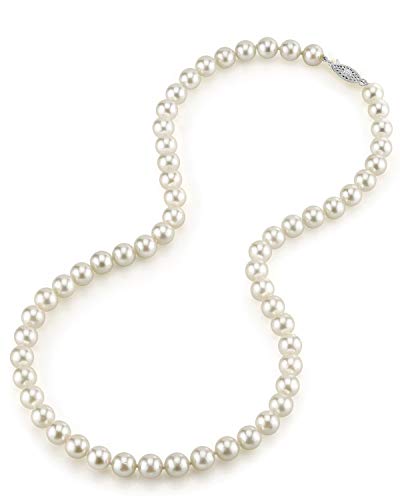 The Pearl Source White Akoya Japanese Pearl Necklace for Women - 14k Gold Pearl Strand Necklace | 18in Long Pearl Necklace with Genuine Cultured Pearls, 6.0mm-10.0mm