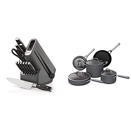 Ninja K32012 Foodi NeverDull Premium Knife System, 12 Piece Knife Block Set, Stainless Steel/Black & C38000 Foodi NeverStick Premium 8-Piece Cookware Set, Slate Grey