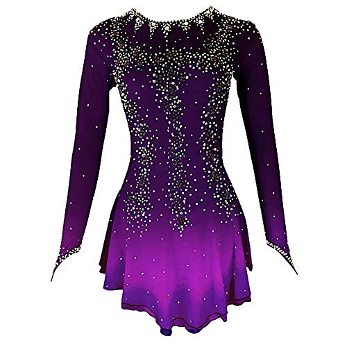 Ice Skating Dress Purple Yellow Halo Dyeing Spandex Handmade Crystals Long Sleeve Ice Skating Figure