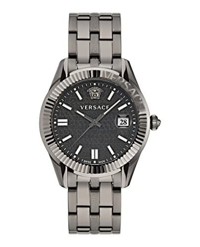 Versace Greca Time Collection Luxury Mens Watch Timepiece with a Grey Bracelet Featuring a Grey Case and Black Dial