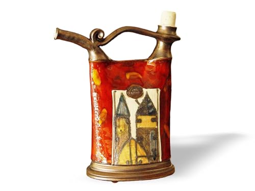 Hand Painted Red Pottery Pitcher - Unique Ceramic Bottle with Old Charm Buildings - Kitchen Decor - Christmas Gift - Home & Living (34 fluid ounces)