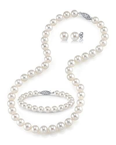 The Pearl Source 14K Gold Pearl Jewelry Set for Women - Freshwater Pearl Necklace and Earring Set with Pearl Bracelet | Genuine Cultured Pearls