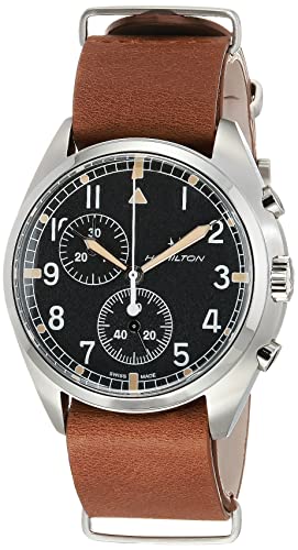 Hamilton Watch Khaki Aviation Pilot Pioneer Swiss Chronograph Quartz Watch 41mm Case, Black Dial, Brown Leather NATO Strap (Model: H76522531)