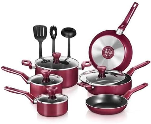NutriChefKitchen 13-Piece Nonstick Kitchen Cookware Set-PTFE/PFOA/PFOS Free Heat Resistant Kitchen Ware Pots Pan Set w/Saucepan, Frying Pans, Cooking Pots, Casserole, Lids, Ladle,Fork,Strainer-NCCWA13