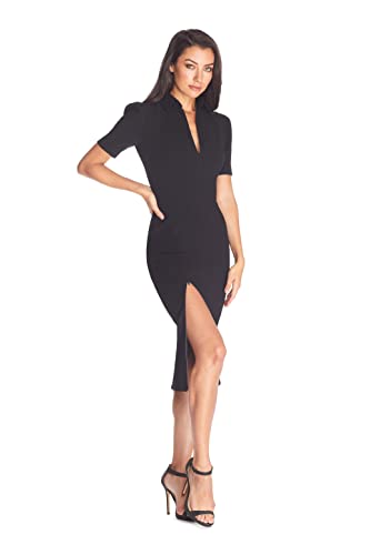 Dress the Population Women's Gloria Collared Zip Neck Short Sleeve Bodycon Midi Dress