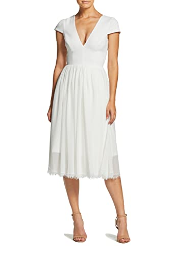 Dress the Population Women's Corey Plunging Mix Media Cap Sleeve A-line Midi Dress