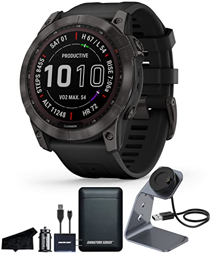 Garmin Fenix 7X Sapphire Solar Edition, Rugged GPS Adventure Touchscreen Smartwatch with Health/Wellness Features, Carbon Gray DLC Titanium with Black Band and Signature Series Charging Stand Bundle