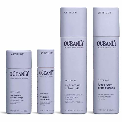 Bundle of ATTITUDE Oceanly Face Cream, Serum, Eye Cream and Night Cream Stick, EWG Verified, Plastic-Free, Plant and Mineral-Based Ingredients, Vegan, PHYTO AGE, Unscented
